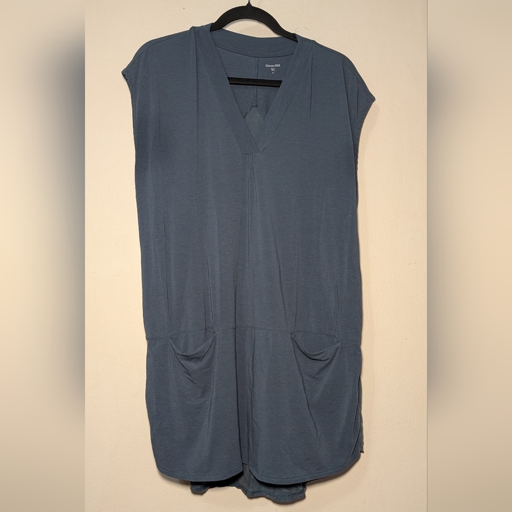 Garnet Hill Slate Blue V-Neck Tunic with Pockets Silk Minimalist Women's Size S